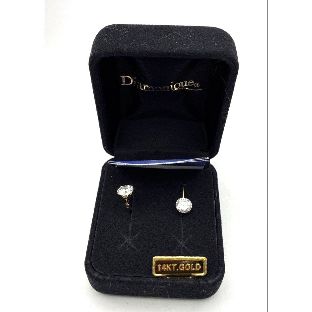 Diamonique 14K Yellow Gold White CZ Earrings